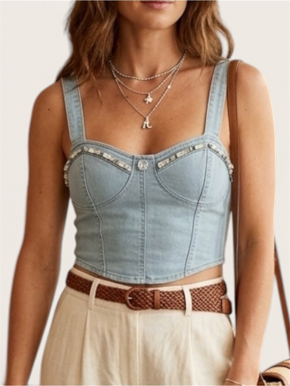 Light Blue Denim Bustier Crop Top with Beaded Trim adjustable straps